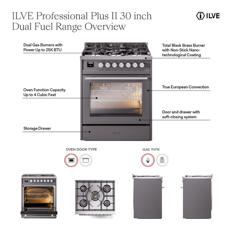 ILVE Professional Plus II 30 in Dual Fuel Range, Natural Gas, Glossy Black/Stainless Steel