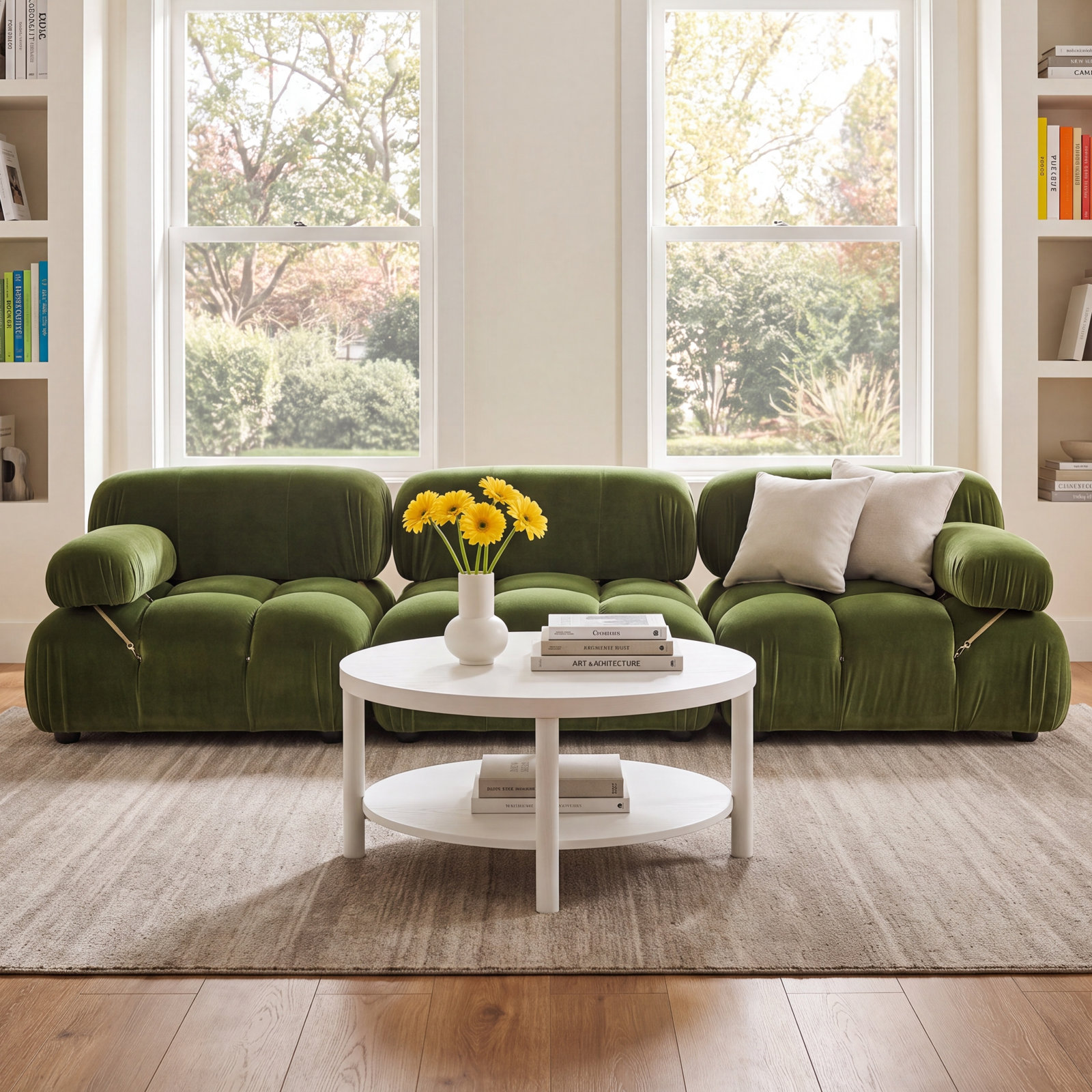 Sigma Upholstered Sofa, Olive Green Velvet, 27.5" H x 109.5" W x 36" D, 3