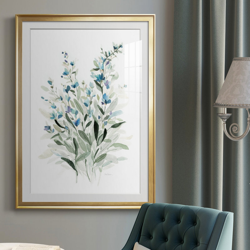 Delicate Blue Botanical I - peinture encadrée, H 30,5 po x l 42,5 po x P 1,5 po, Or