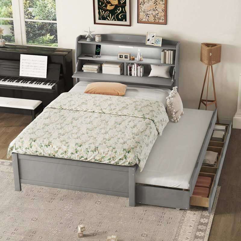 Lit plateforme avec rangement et tiroirs, Gris, Double