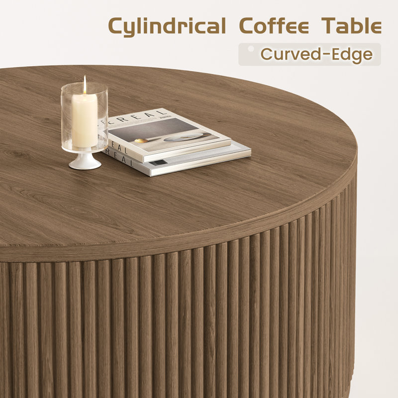 36.5"W Round Solid Wood Spacious Coffee Table Drum Table with Fluted Design, Brown