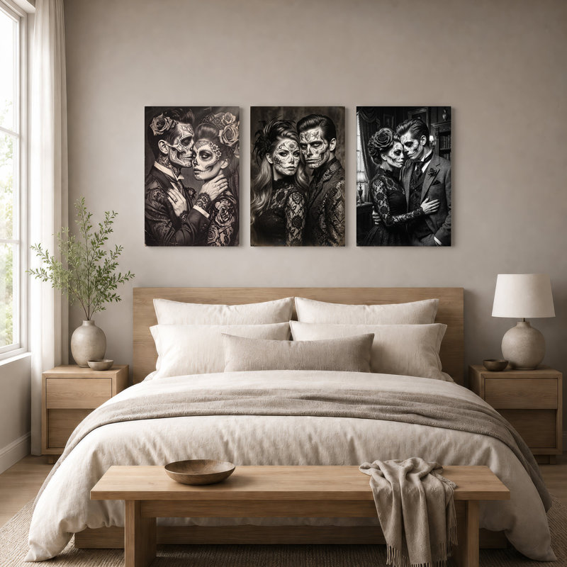 Couple de crânes mexicains en noir et blanc, ensemble de 3 toiles murales pour l'Halloween, H 18 po x l 12 po x 3 pièces