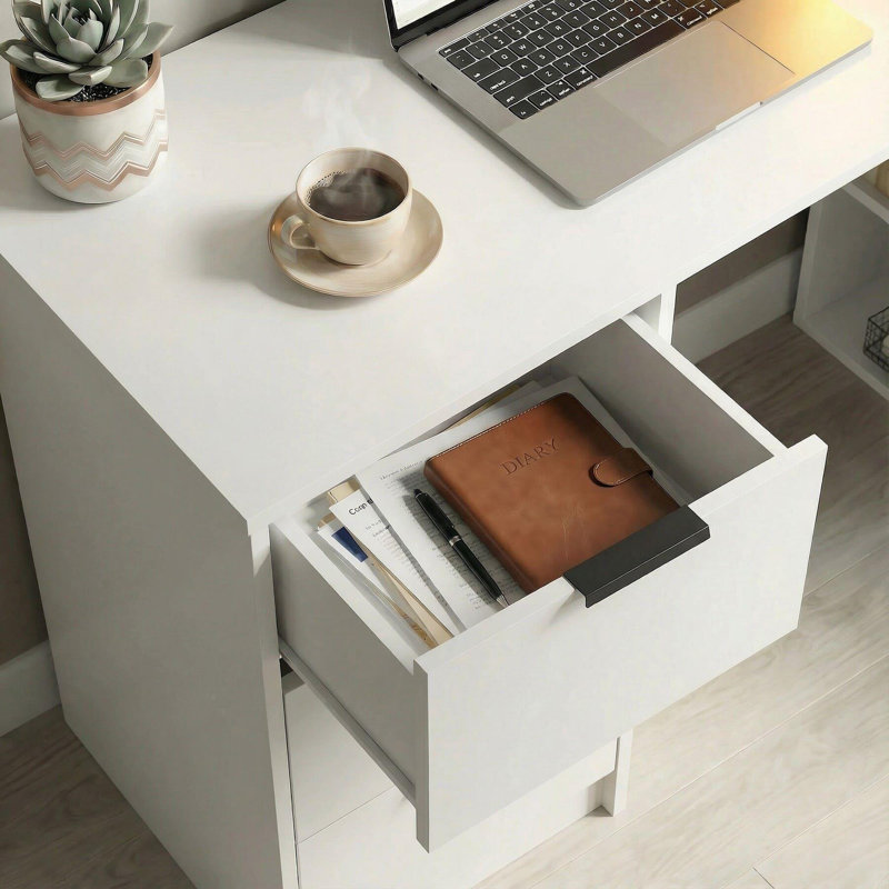 Phoenix 2 Piece Computer Desk Office Set with Chair, White with Ivory Chair