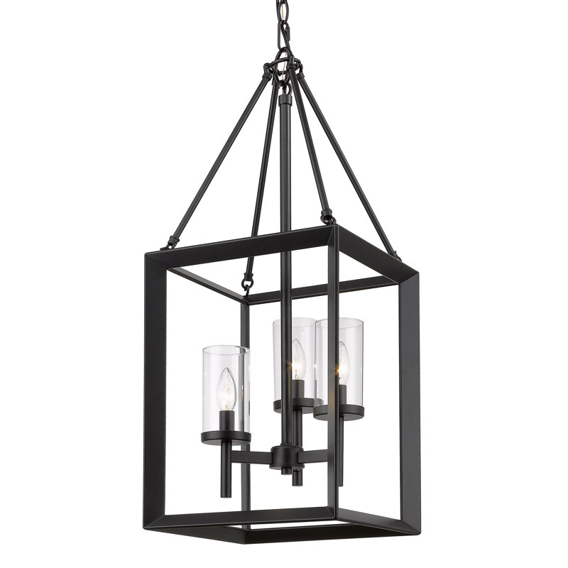 Averee 3 - Light Steel Dimmable Lantern Tiered Chandelier - Matte Black - Clear Glass, Matte Black