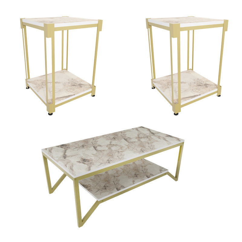 Ensemble de tables basses et tables d'appoint Flora & Zenas, Motif de marbre blanc / or