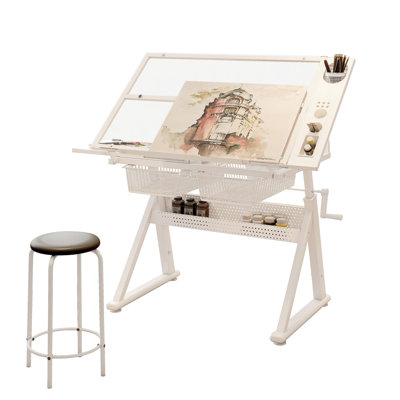 Adjustable Tempered Glass Drafting Table with Chair and Storage, Ideal for Drawing, Printing, and Multi-Use Spaces by Wrought Studio
