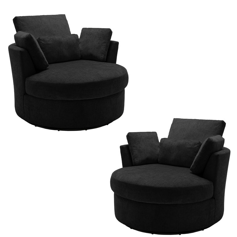 Upholstered Swivel Lounge Armchair With Pillow(Set of 2), Black Polyester Blend