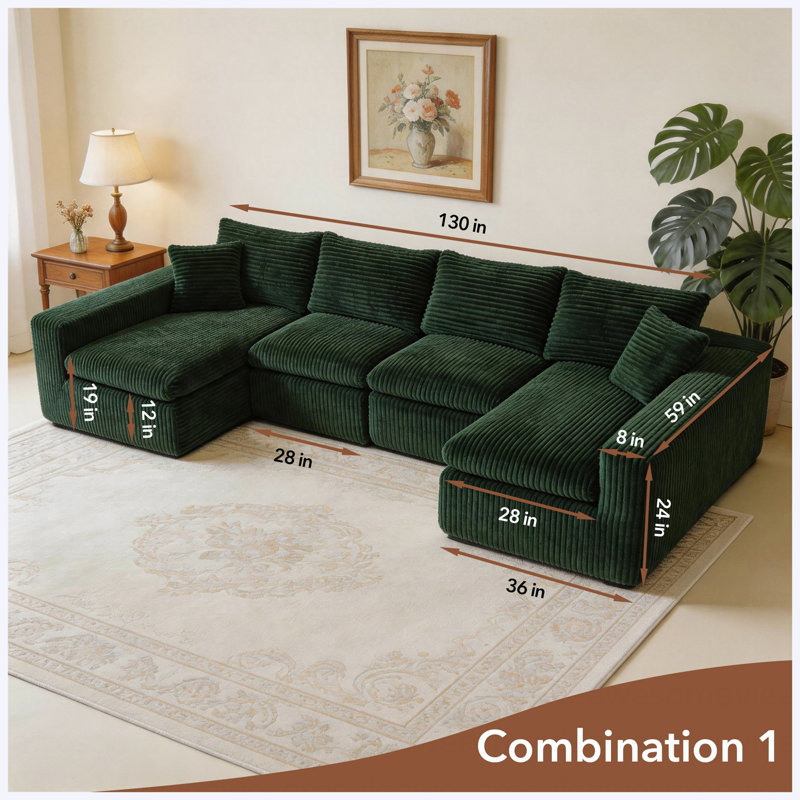 Green 130" Modular U-Shaped Cloud Sectional Sofa with Memory Foam, No Assembly Required