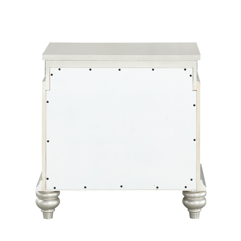 Élégante table de chevet argentée avec deux grands tiroirs - Platine scintillante, lumineuse et spacieuse