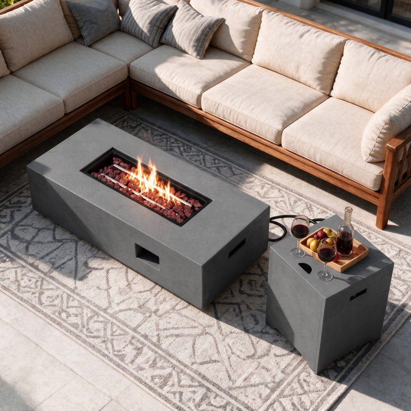 Table de foyer au propane de 44 po de largeur avec table d'appoint, foyer de 50000 BTU avec pierres de lave, couvercle et couvercle imperméable