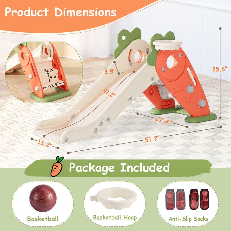 Carrot Theme Foldable Toddler Slide with Basketball Hoop
