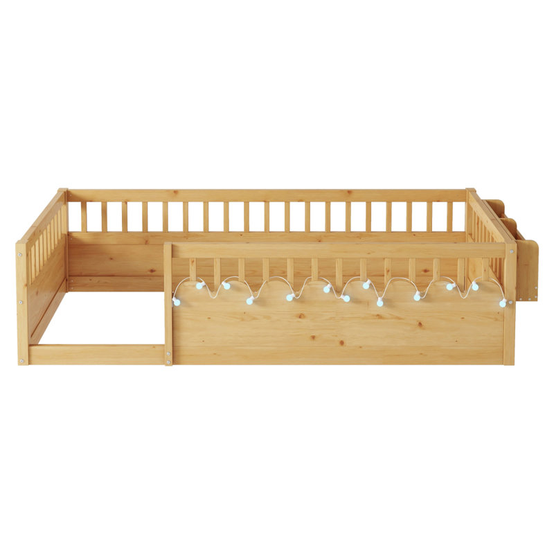 Structure de lit simple Montessori avec rails hauts, lits en bois pour enfants avec éclairage et tablette de rangement, naturel