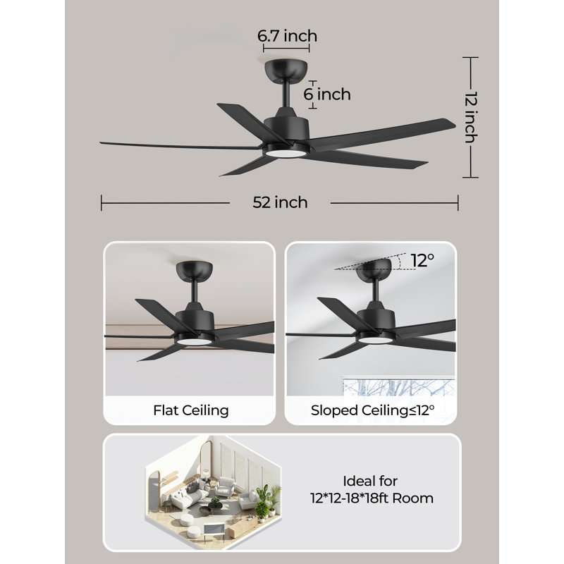 52" Emileo Ceiling Fan with LED Lights Black, Black