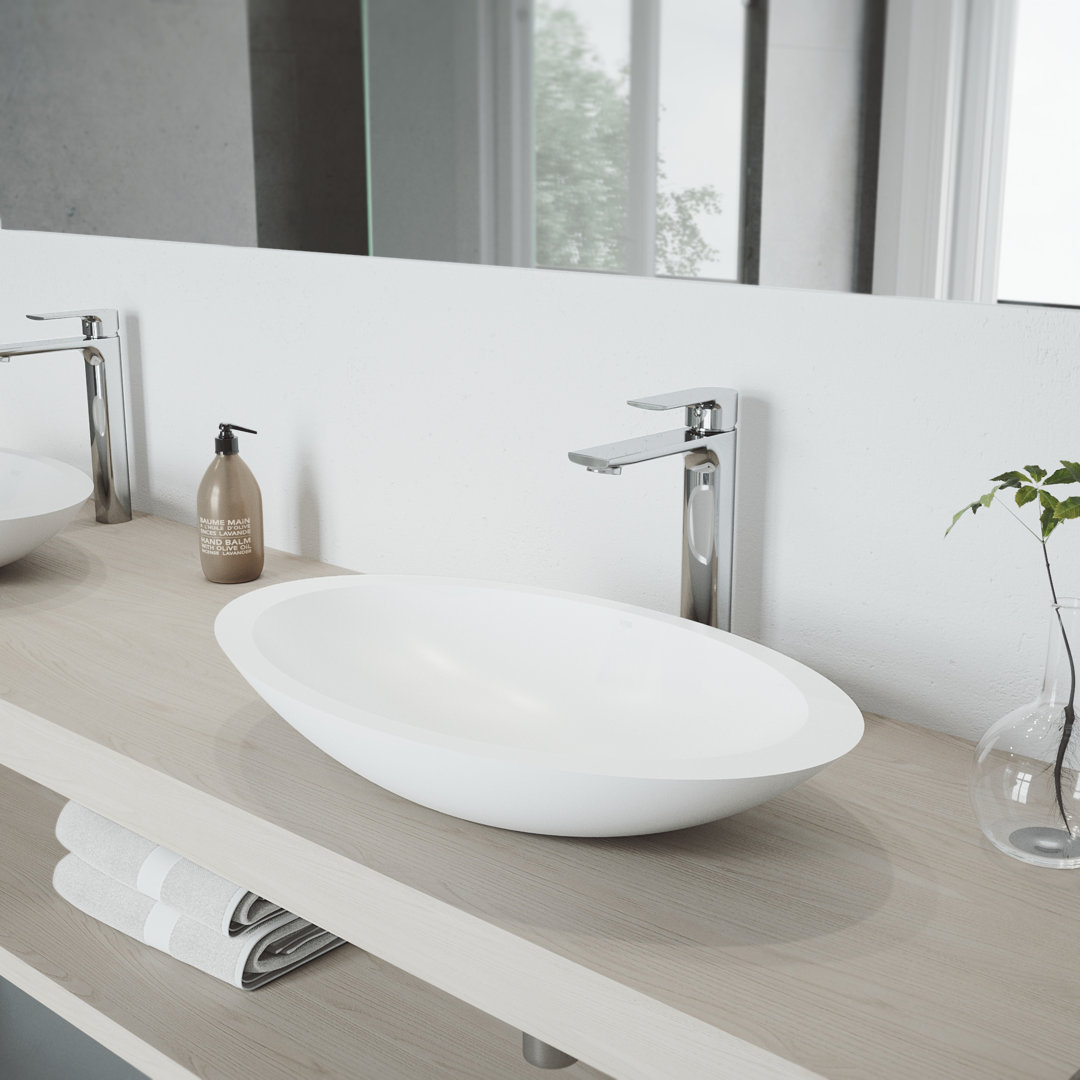 Wisteria 23" L x 14" W x 4" H Oval White Matte Stone™ Vessel Bathroom Sink with 11" H Faucet VIGO