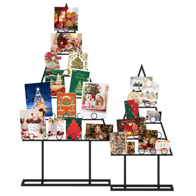  Ensemble de 2 porte-cartes de sapin de Noël avec support suspendu en métal 36 pinces rondes noires