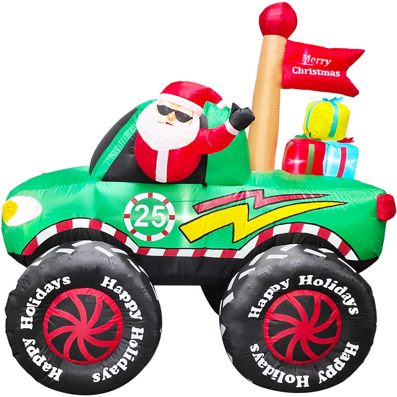 6-Ft Tall Pre-lit Santa in Green Monster Truck Inflatable
