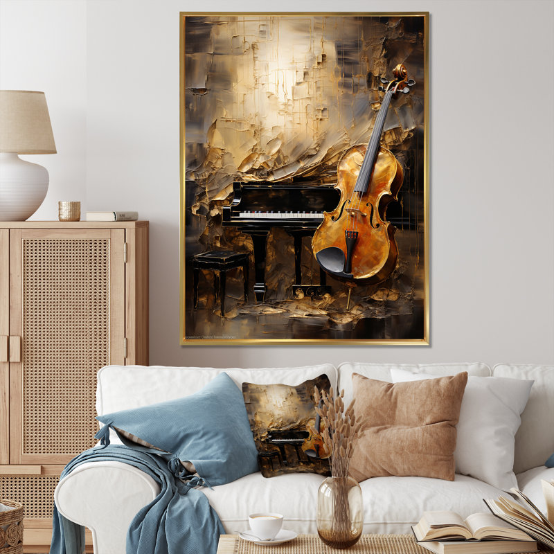 Rétro harmonie violon et piano - musique, art mural, Cadre flottant doré, H 20 po x l 12 po x P 1 po