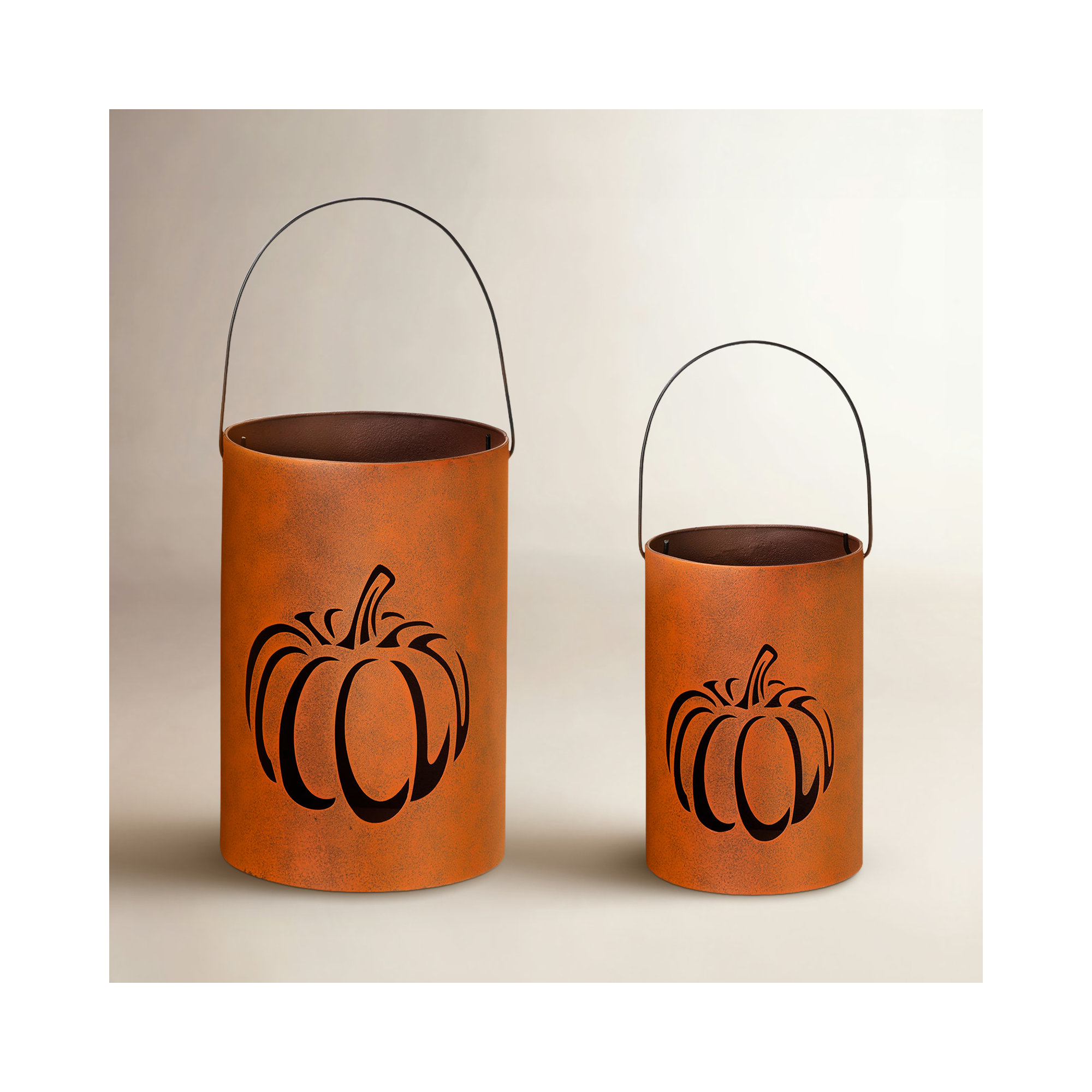 Set Of 2 Cutout Harvest Halloween Pumpkin Pail Lanterns