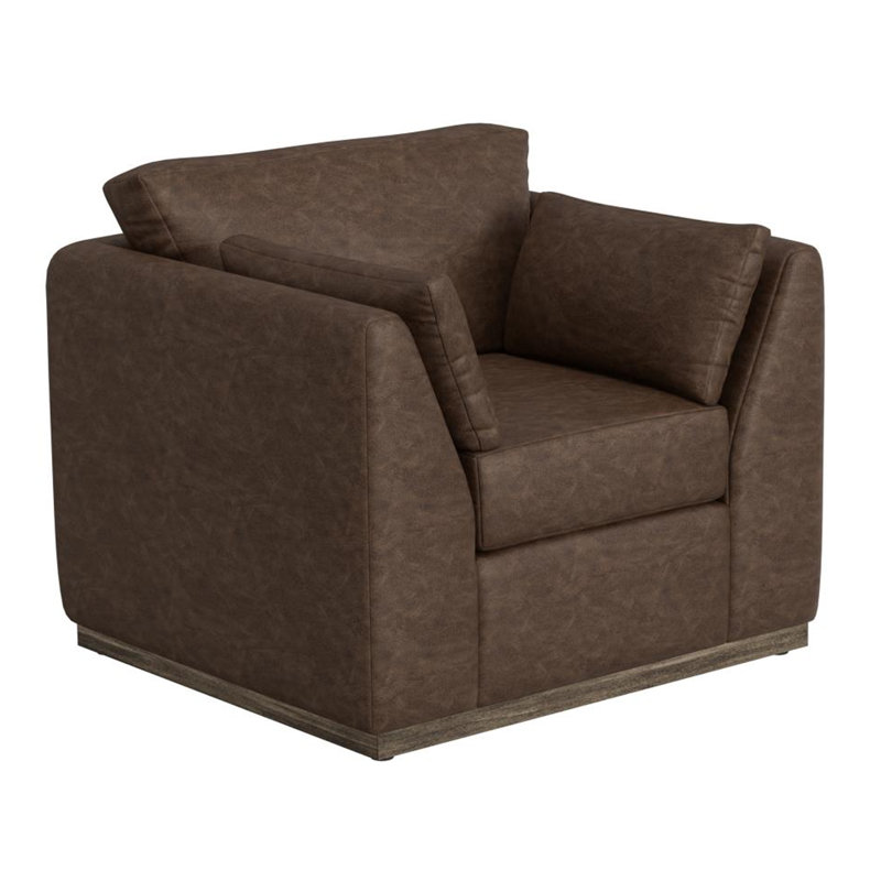 Fauteuil Sian, 1 coussin décoratif, dossier coussiné, similicuir, Simili cuir brun foncé