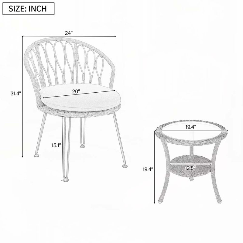 Ensemble de loisirs d'extérieur, 2 chaises simples en rotin avec table ronde en verre, Gris, Naturel