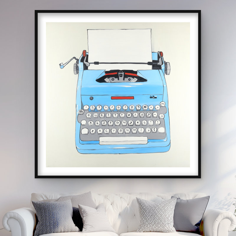 Blue Typewriter Machine - Beige Framed Matted Print Decor