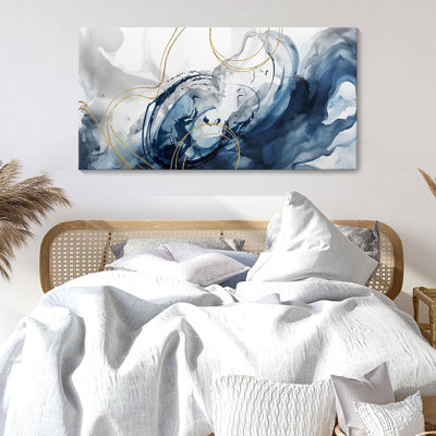 Blue Abstract Wall Art Modern Canvas Art Wall Decor Artwork For Walls Living Room Large Painting Office Pictures For Wall Navy Gold Contempor Decorations For Bedroom Size 20X40