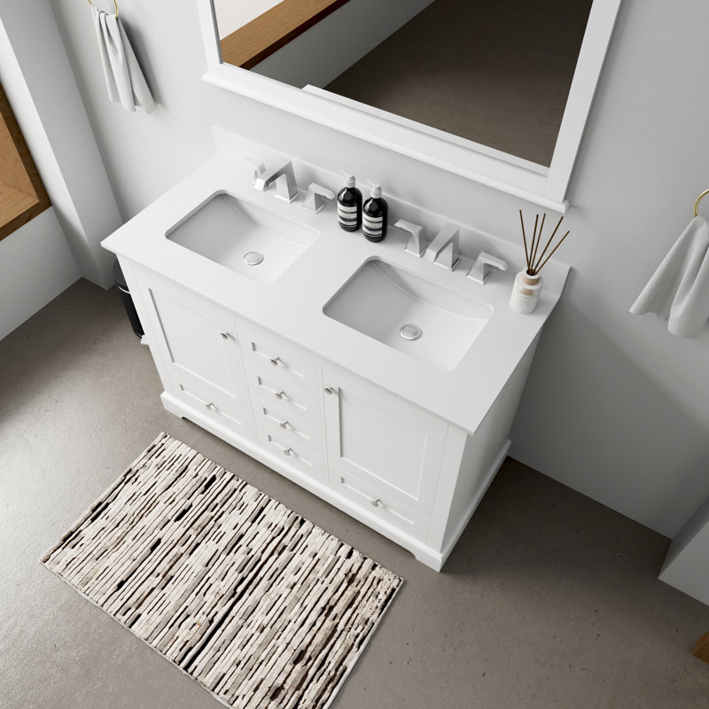 48 po Large meuble-lavabo double blanc, profondeur 22, surface en quartz, miroir de pièce 46 po x P P, comptoir, carré, Blanc