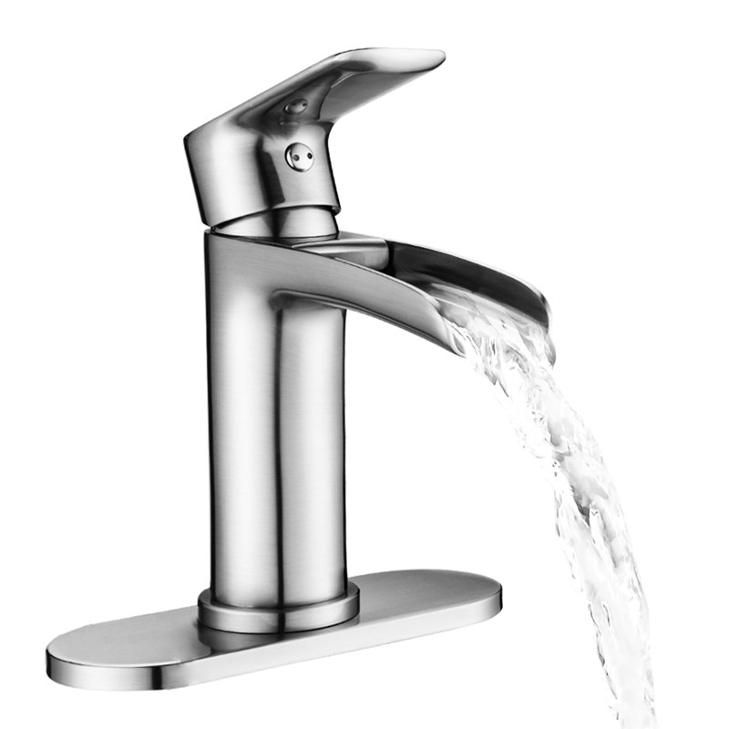 Robinet pour salle de bain à poignée simple - Finition nickel brossé avec plaque de pont et trop-plein pour salle de bain moderne et lavabo