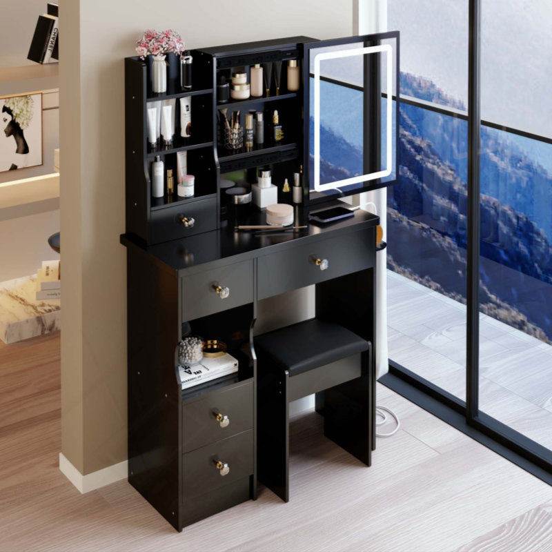 Small Size Left Drawer Desktop Vanity Table + Cushioned Stool, 2 AC+2 USB Power Station, Hair Dryer Bracket, Extra Large Touch Control Sliding LED Mirror, Tri-Color Switching, Brightness Adjust