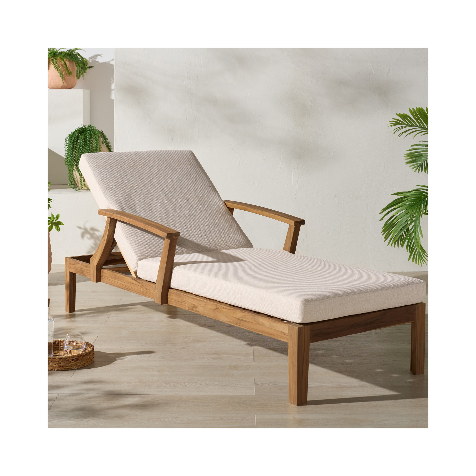 Clairmont Patio Chaise Lounge, White Cushion /Natural Teak Wood Frame
