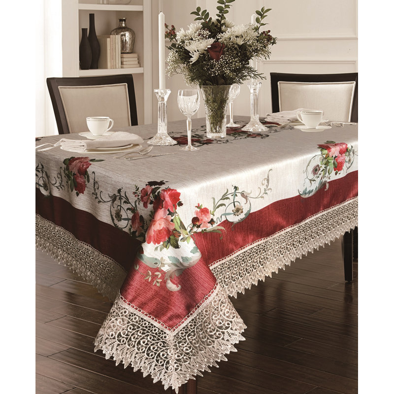 Jacalyn Floral Polyester Tablecloth, Burgundy, 105" L x 70" W
