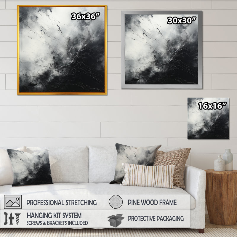 Minimalisme noir et blanc orages, reproduction sur toile, Cadre simple noir, H 24 po x l 24 po x P 1 po