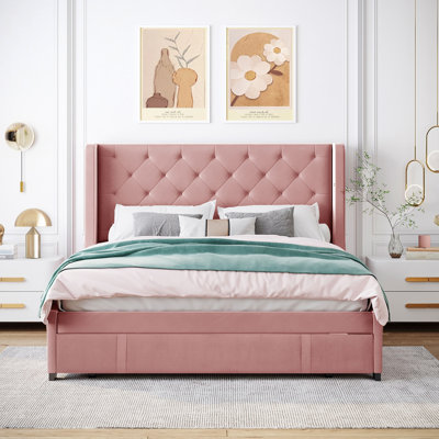 Queen Size Velvet Upholstered Storage Platform Bed with a Big Drawer -  Rosdorf Park, F48D5173C3324FC184FECDD50C73D8C0