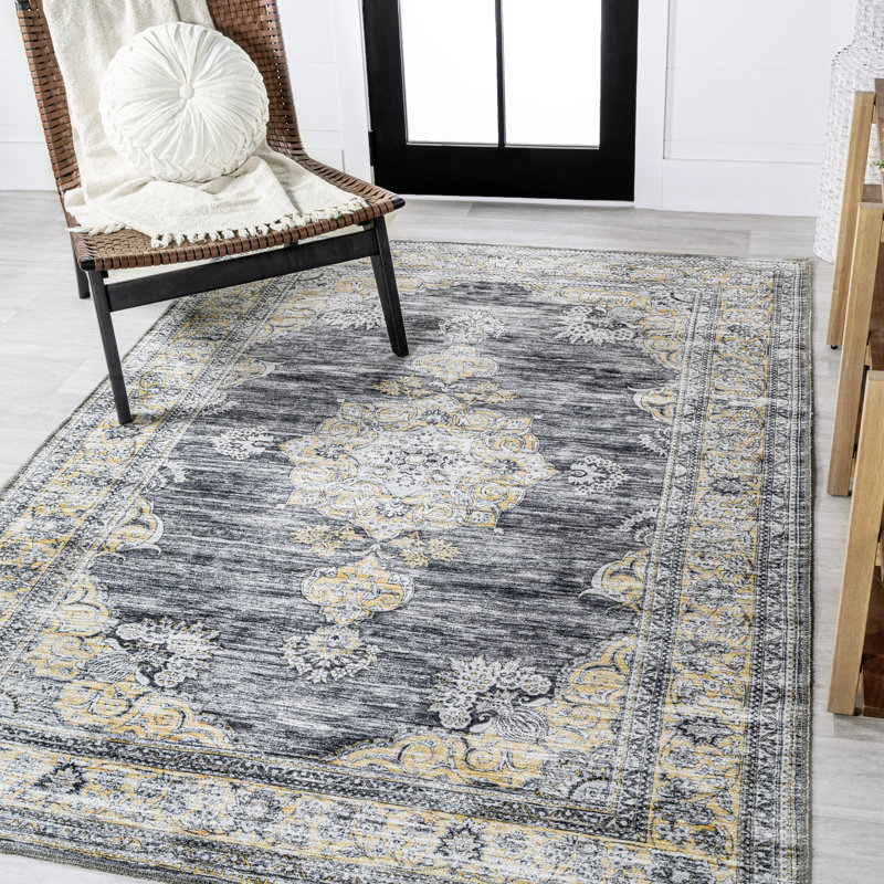 Gabryszek Bohemian Distressed Chenille Machine-Washable Dark Gray/Yellow Rug, Rectangle 2'11" x 5'