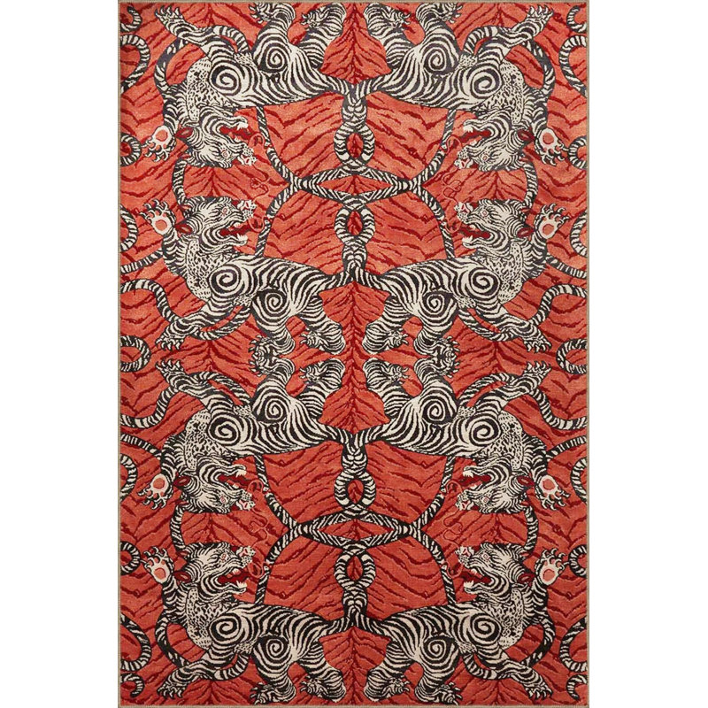 Orange Themed Ethnic Tiger Patterned Vintage Decorative Carpet, Rectangle 4' x 5'11"