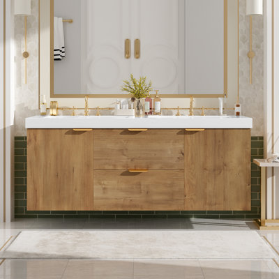 Meuble-lavabo double avec comptoir en SMC, armoire en panneau de fibres à densité moyenne, portes à fermeture en douceur, tiroirs divisés, meuble-lavabo mural moderne pour les grandes salles de bain