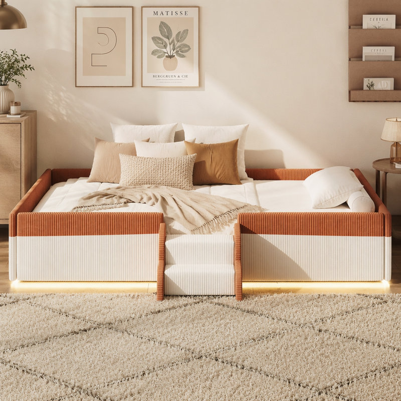 Upholstered Bed, Twin, Brown+White