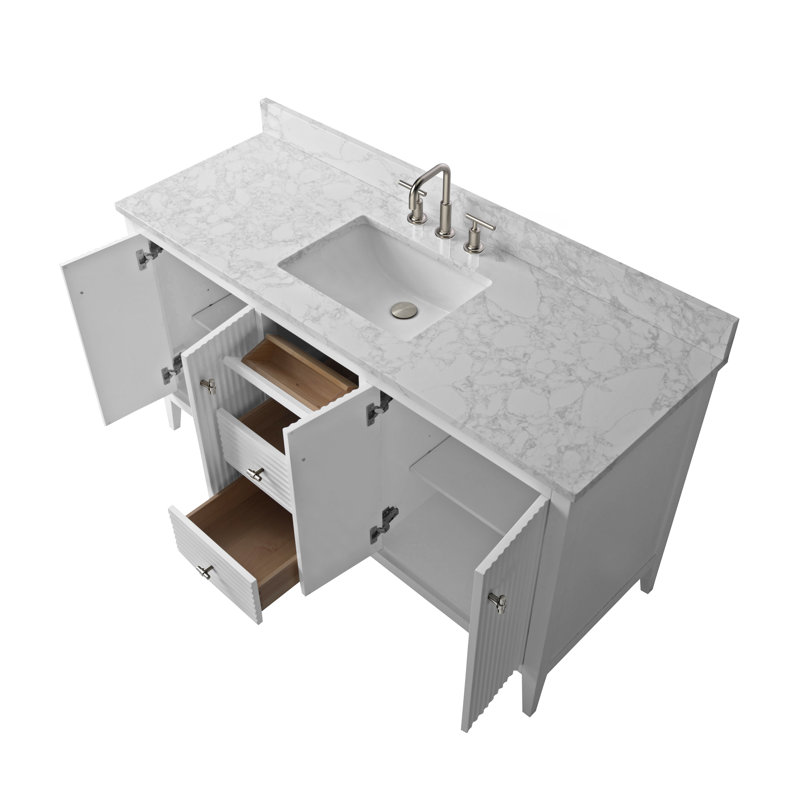Ensemble de meuble-lavabo autoportant avec lavabo en marbre 60 po Lavallon, Blanc linéaire, Nickel brossé