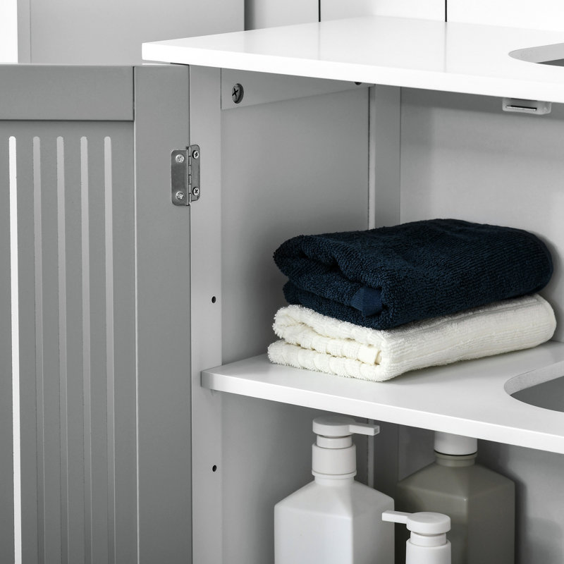 Unité de salle de bain sous le lavabo grise et blanche - 2 portes, peu encombrante, tablettes réglables, armoire de construction dans la tablette, pour les produits de nettoyage Plus