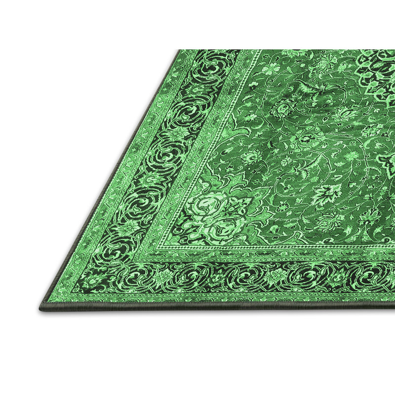 Tapis oriental en laine et en polyester tissé à la machine de couleur verte / noire olla, Rectangle 3 pi x 5 pi