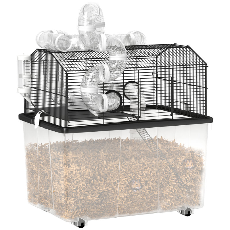 Cage à hamster avec plateau profond de 12 po, cage à gerbes à 2 niveaux avec système de tube, bouteille d'eau, rampe, bol d'alimentation, 23 po x 17 po x 22 po, noir