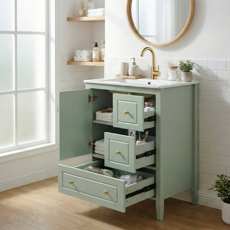 Meuble-lavabo 24 po avec lavabo, 1 armoire avec porte à fermeture douce, 3 tiroirs à fermeture douce, poignées en métal rétro, vert clair