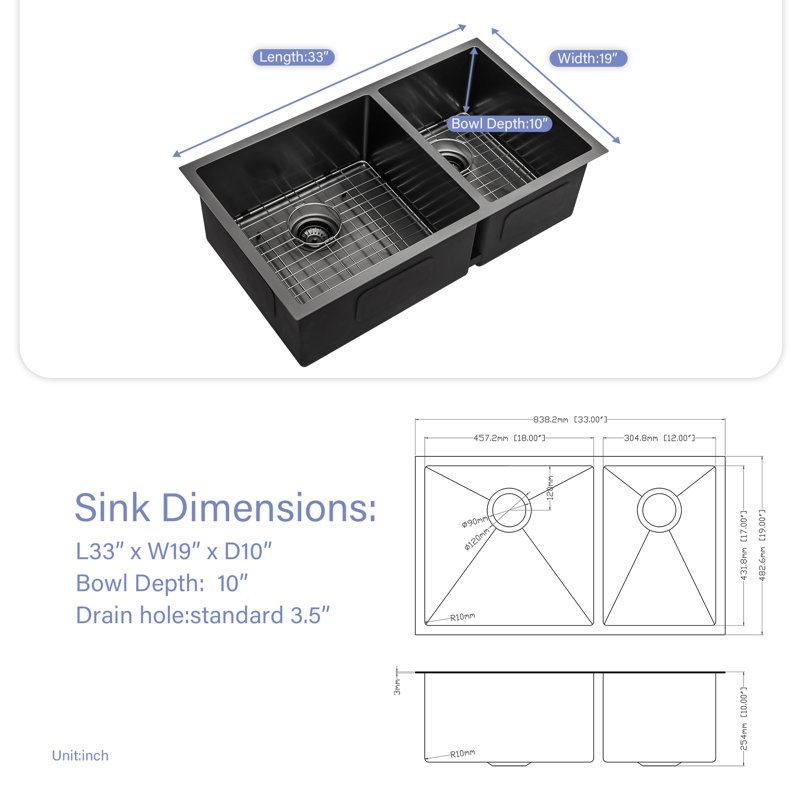 33 " L Undermount Double Bowl Stainless Steel Kitchen Sink