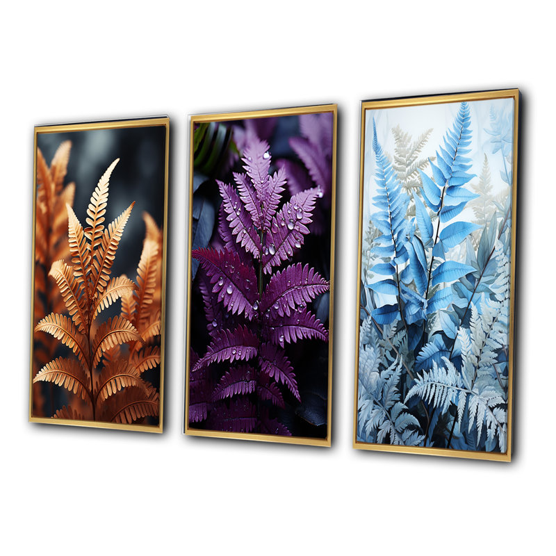 «Ferns Copper Glow», 3 pièces sur toile, Encadrement doré, H 32 po x l 48 po