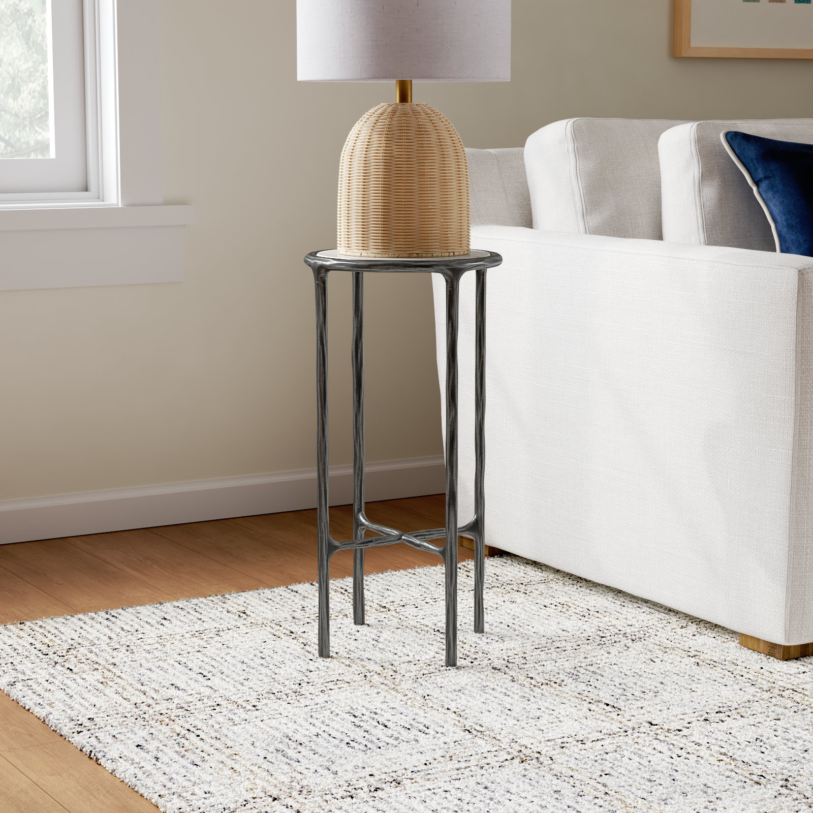 Evelynn Glass Cross Legs End Table, White Marble Top/Black Base