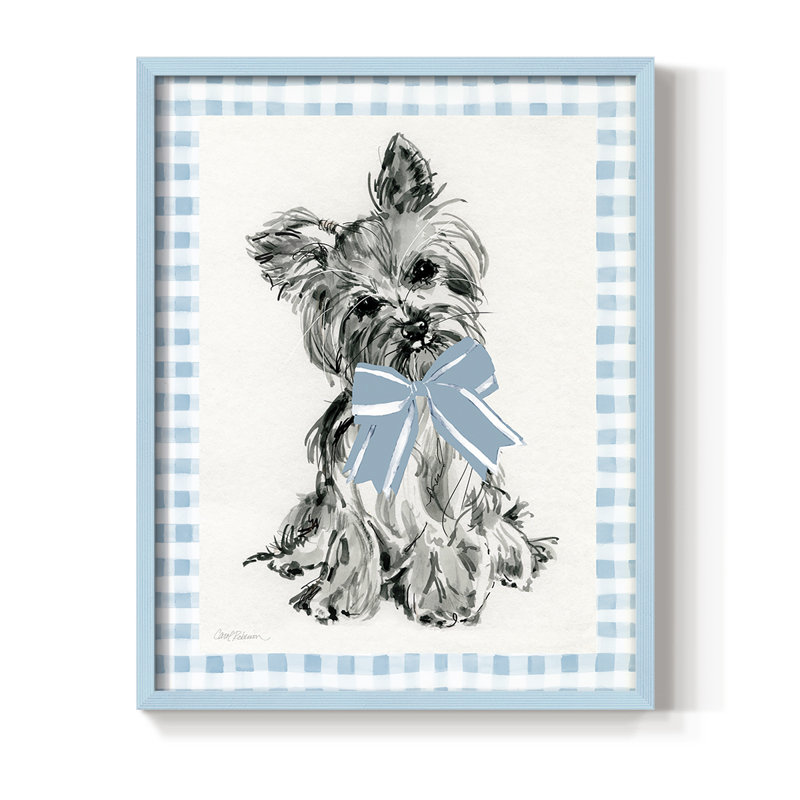 «Blue Bow Yorkie», reproduction encadrée - bois massif, Bleu, H 30 po x l 24 po