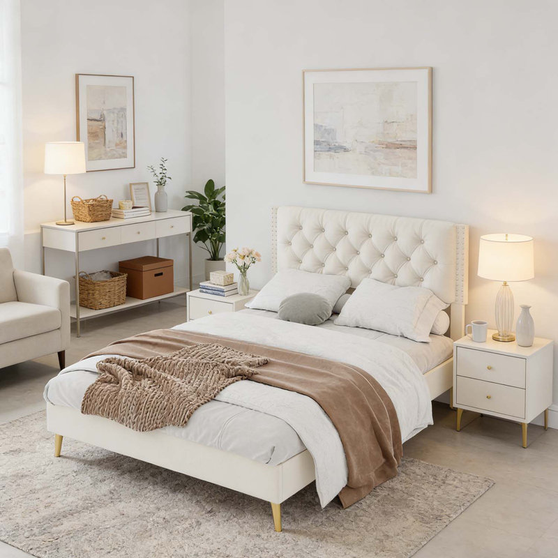 Lit rembourré avec tête de lit capitonnée, structure robuste pour le confort et le style, Beige, Grand lit