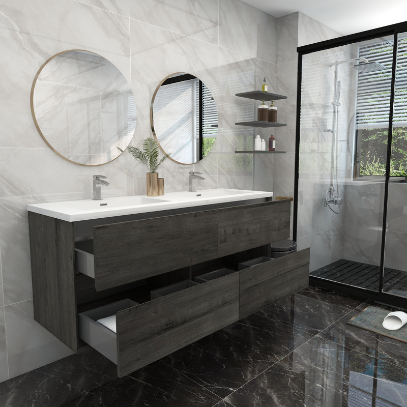 60'' Double Bathroom Vanity with Acrylic Top, Smoke Oak