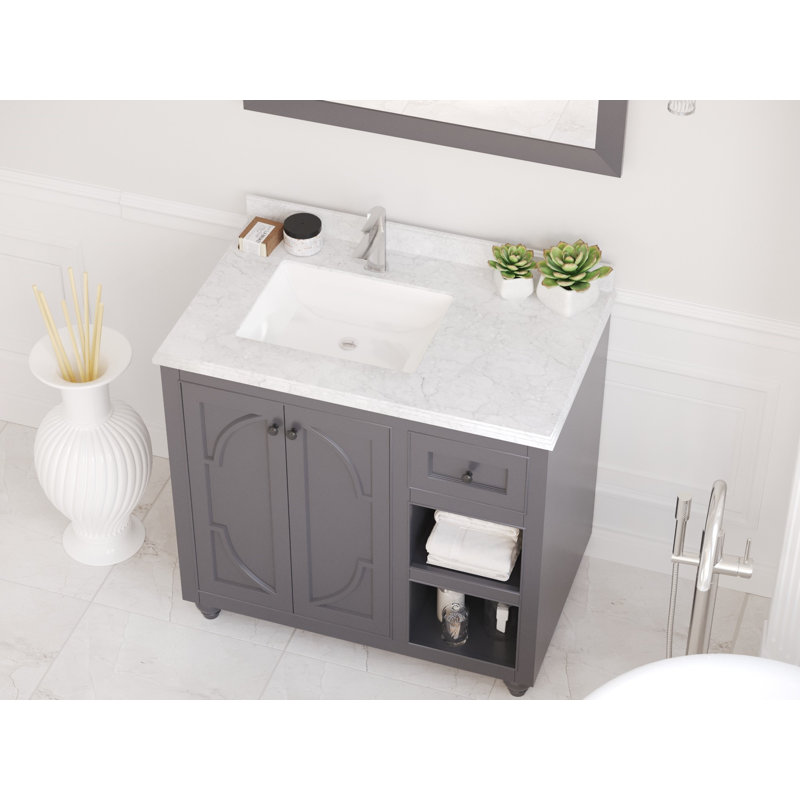 Mundy 36'' Single Bathroom Vanity with Marble Top, Maple Gray, White Carrera