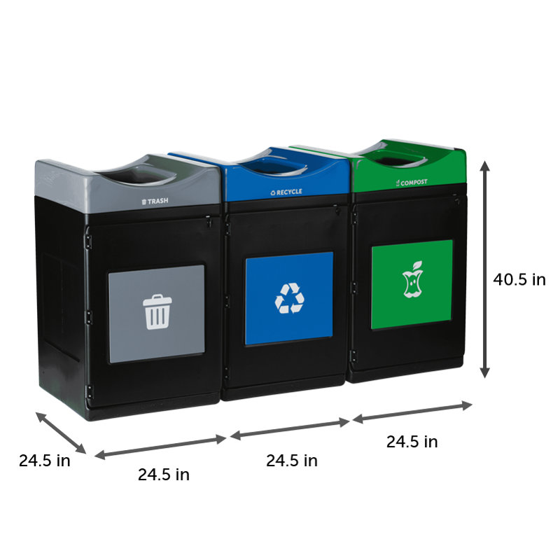 Centre de poubelle, de recyclage et de compost à 3 jets Commercial Zone Avante, poubelle de 1 à 55 gallons, unités de recyclage et compost à toit ouvert de 30 gallons, doublures incluses 